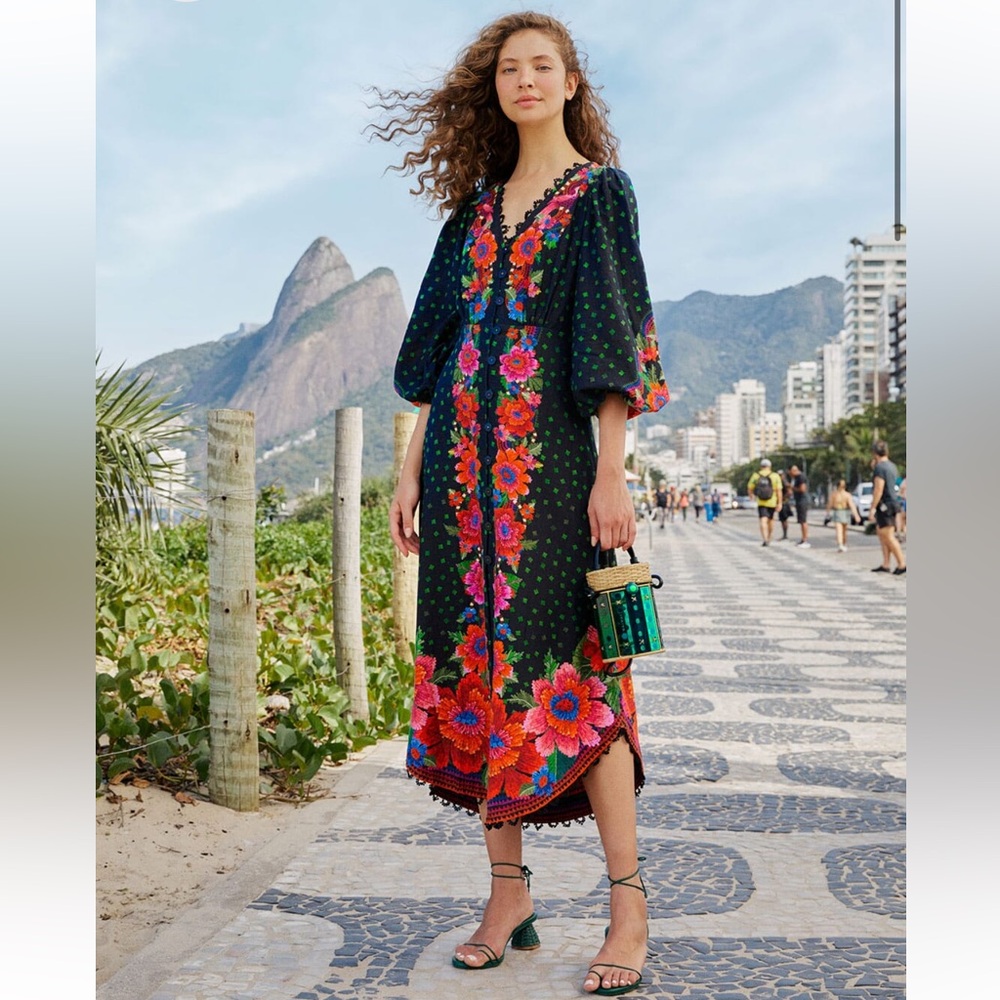 Farm Rio Black Blooming Garden Floral Dress NWT